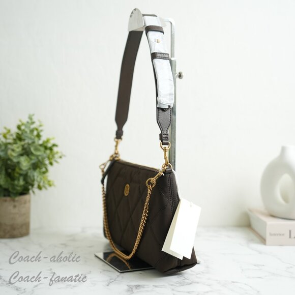 NWT Tory Burch Willa Nylon Zip Shoulder Bag in Dark Roast - Picture 5 of 11